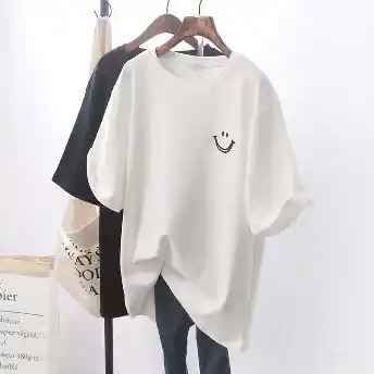 kirshka スマイルプリント 合わせやすい 半袖 簡約デザイン ホワイト 黒 Tシャツ 夏 レディース 夏コーデ